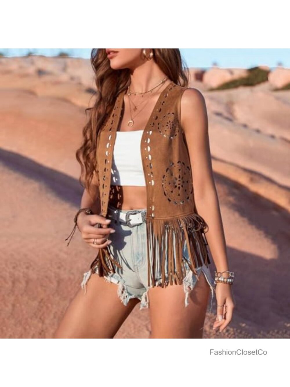 Faux Suede Fringe Vest for Women Western Cowgirl Boho Tassel - Picture 2 of 6